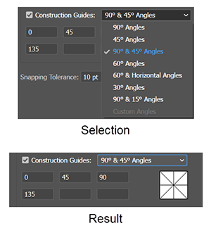 Setting the angles that will appear in Construction Guides in the Edit - Preferences - Smart Guides dialog.