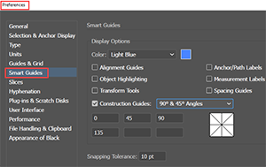 Screenshot of the Illustrator Smart Guides Preferences Dialog Box.