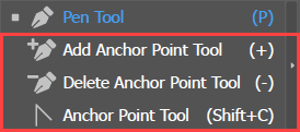 Illustration of the three Special Purpose Anchor Point Tools in the Pen Tool dropdown.